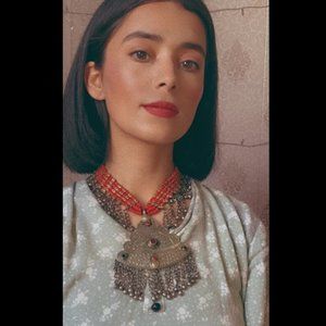 Kuchi Tribal Necklace: Vintage Silver Pendant, Red Beads Boho Jewelry